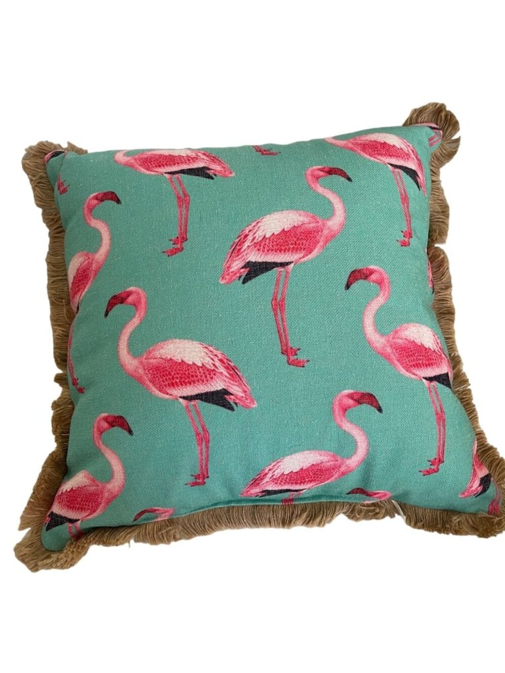 Pink Flamingo Throw Pillow Newport Cushion Aqua Linen Turquoise Coastal Fringe